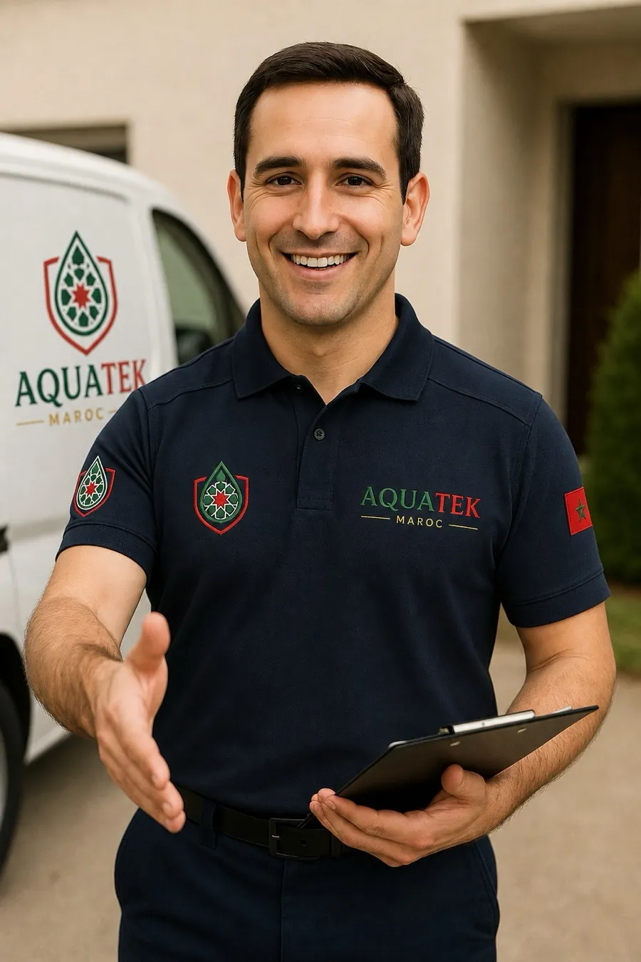 Technicien AQUATEK MAROC accueillant un client devant le véhicule d’intervention
