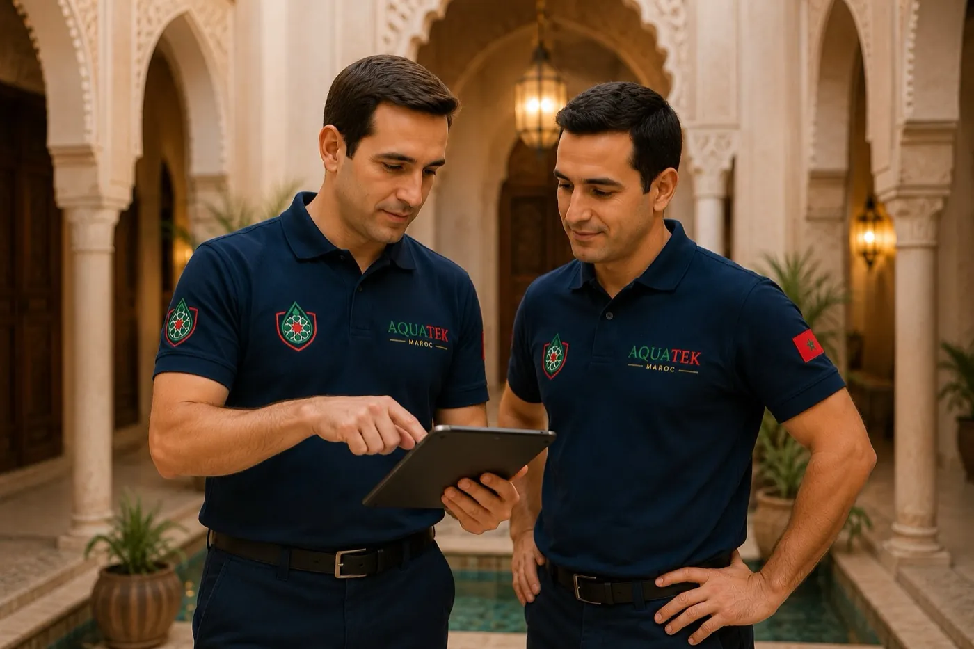 Deux techniciens AQUATEK MAROC consultant un relevé d’intervention sur tablette
