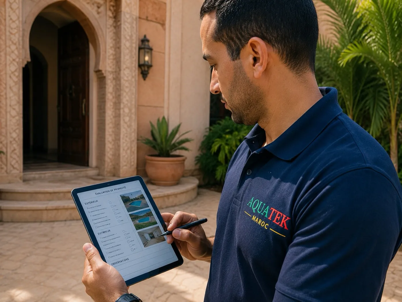 Expert AQUATEK MAROC renseignant une évaluation de propriété sur tablette devant une villa