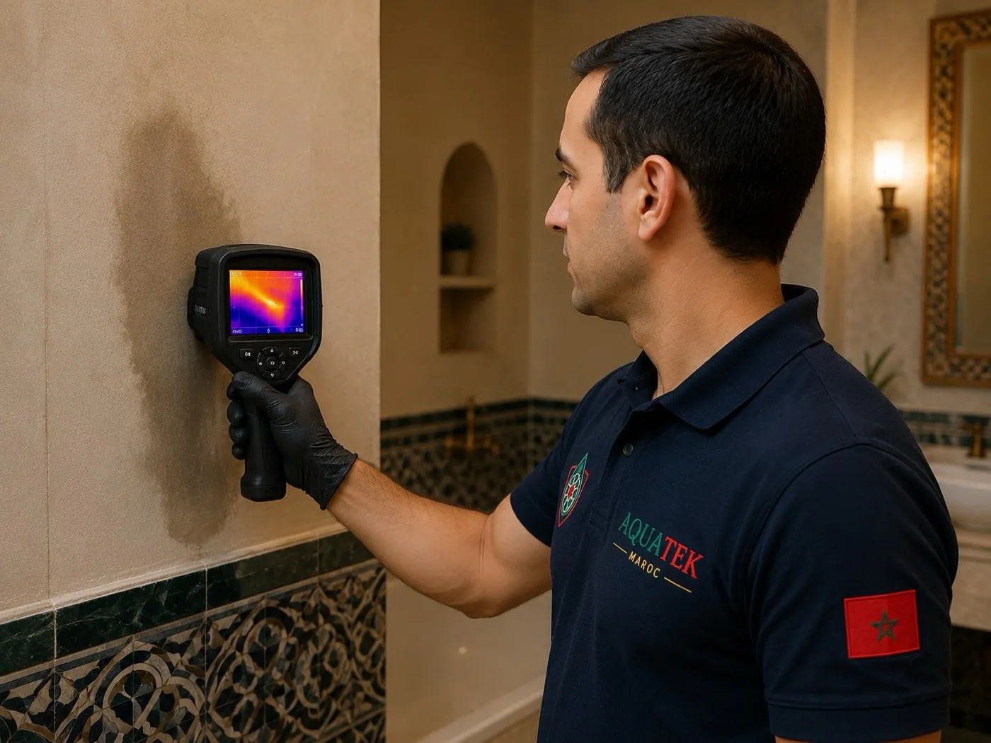 Technicien AQUATEK MAROC localisant une fuite d’eau à la caméra thermique sur un mur