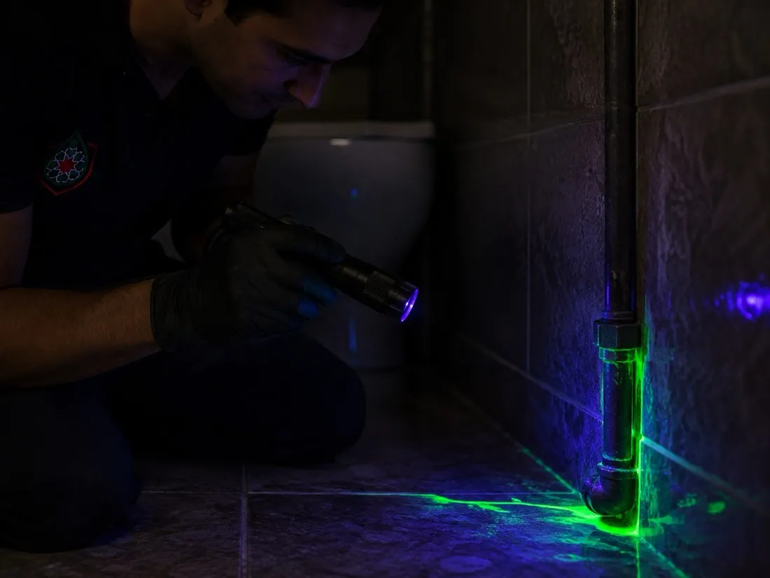 Traceur fluorescent révélé à la lampe UV sur une canalisation