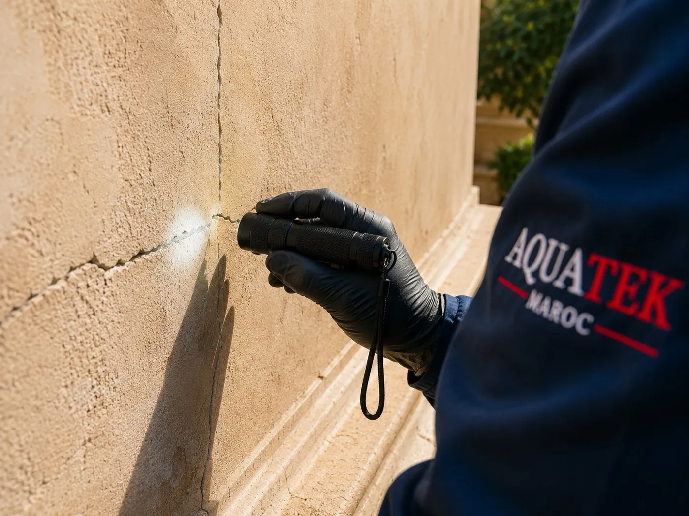 Expert AQUATEK MAROC examinant une fissure de façade lors d’une inspection technique