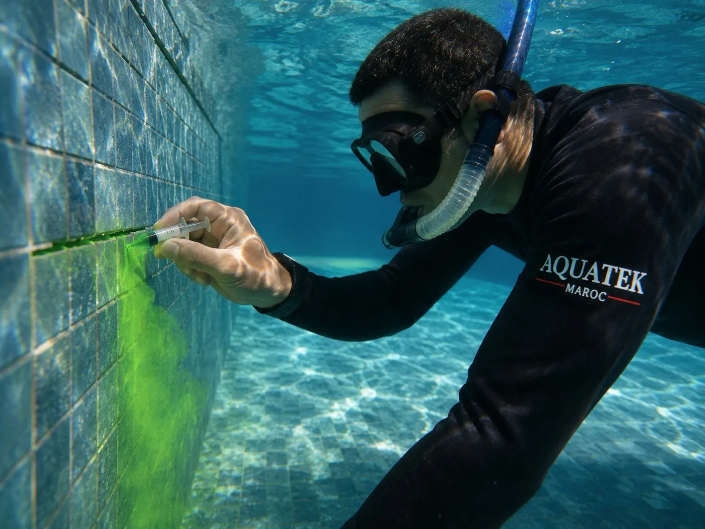 Plongeur AQUATEK MAROC injectant un traceur coloré pour localiser une fuite de piscine