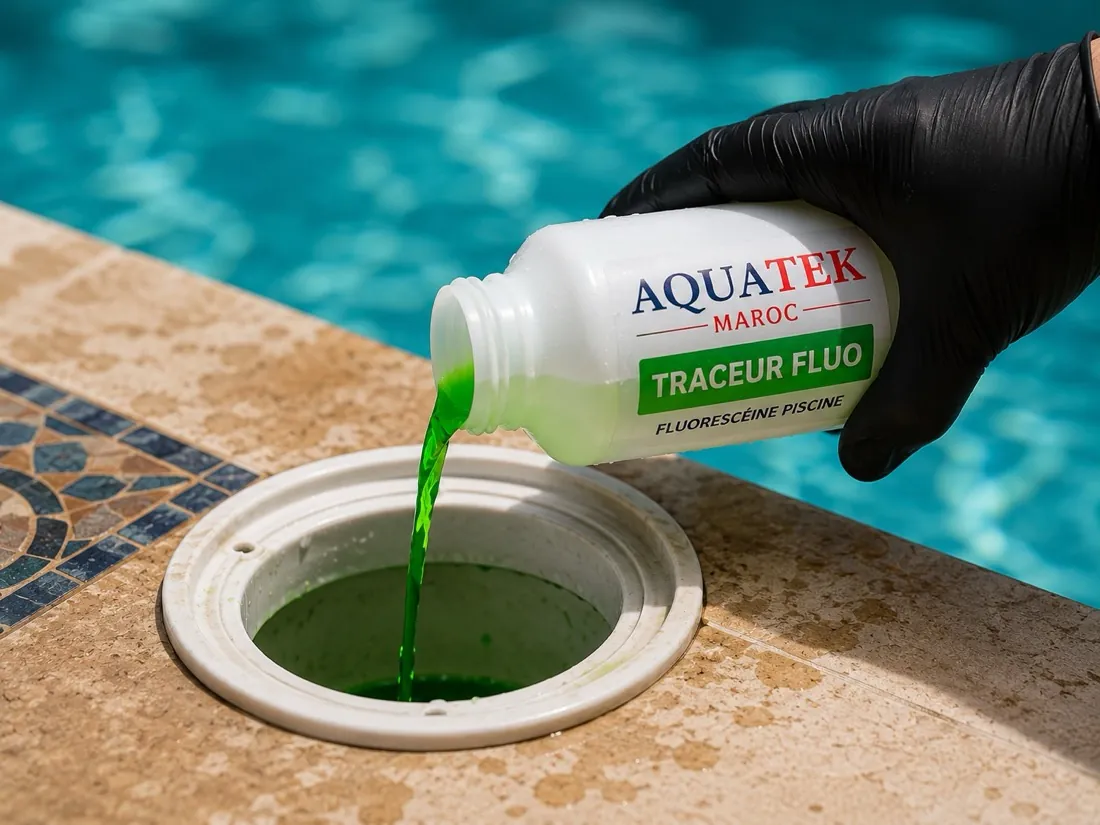 Traceur fluorescent versé dans le skimmer pour suivre le circuit d’eau